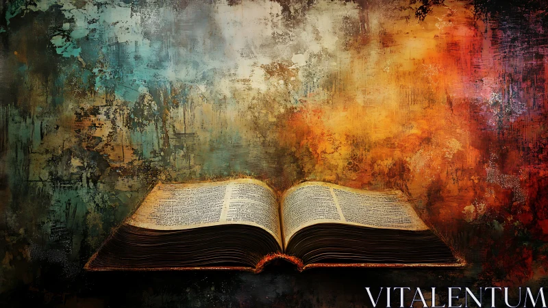 Ancient open book against vivid abstract painted backdrop.