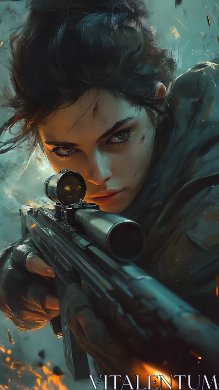 Focused female sniper aiming rifle in battle scene.