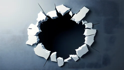Large Jagged Hole in Wall with Realistic Broken Edges, Digital Art.