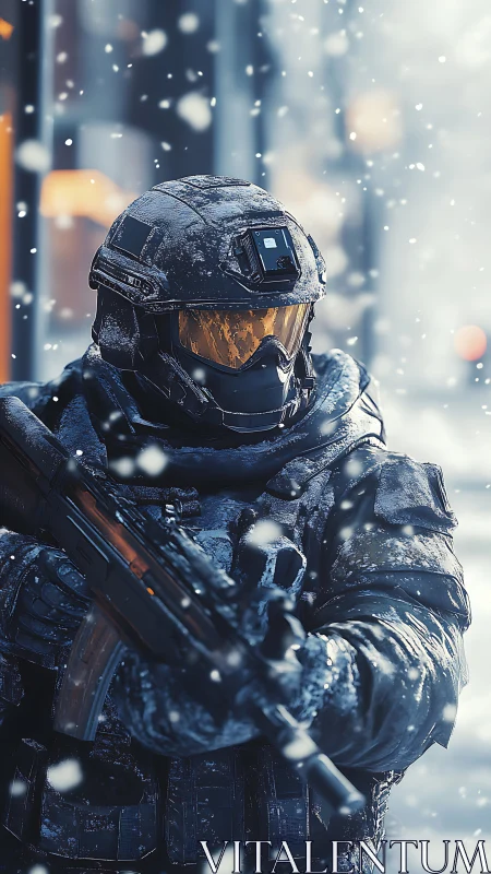 Armored soldier holding rifle in heavy urban snowfall.