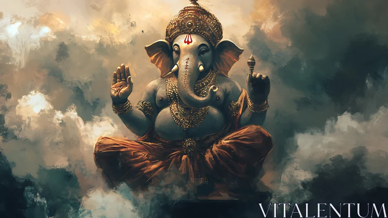 Digital painting of Ganesha seated in clouds with ornaments.