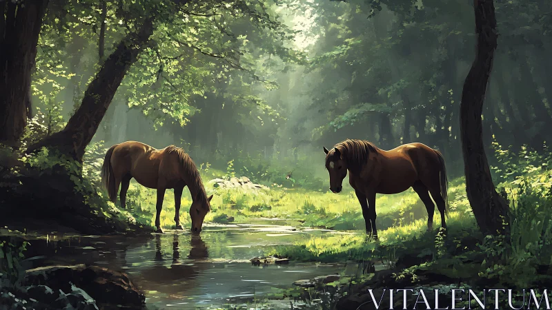 Two bay horses rest by a forest stream in dappled light