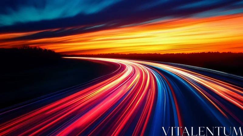 Highway light trails curve under intense sunset sky