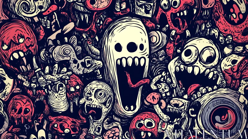Dense horror doodle swarm depicts chaotic screaming monsters