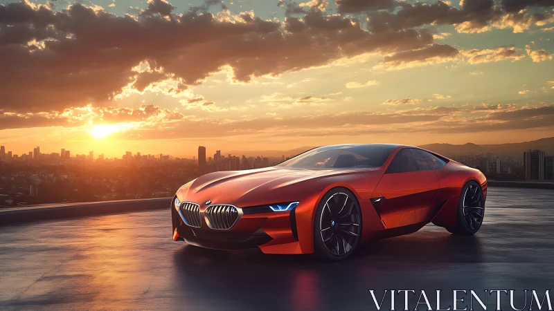 Orange concept sports coupe on rooftop at urban sunset.