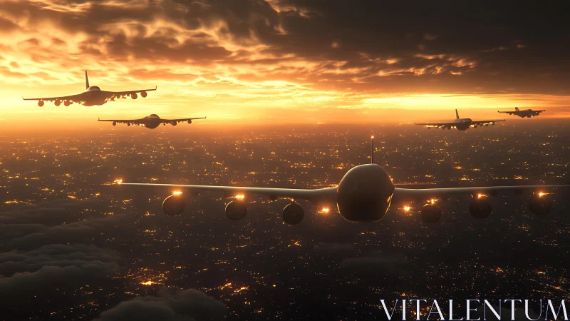Jetliners glide over glowing city under dramatic sunset sky.