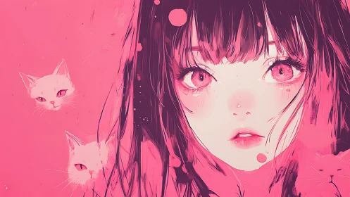 Neon pink anime portrait with feline companions and painterly glow.