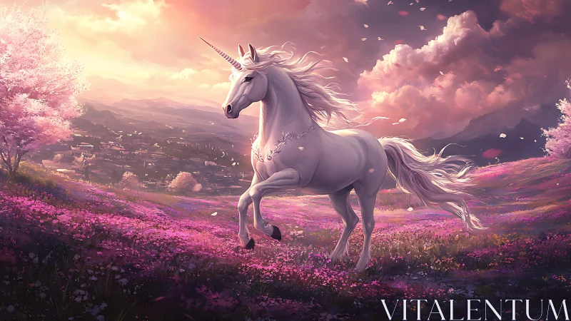 White unicorn in pink flower meadow at glowing sunset.