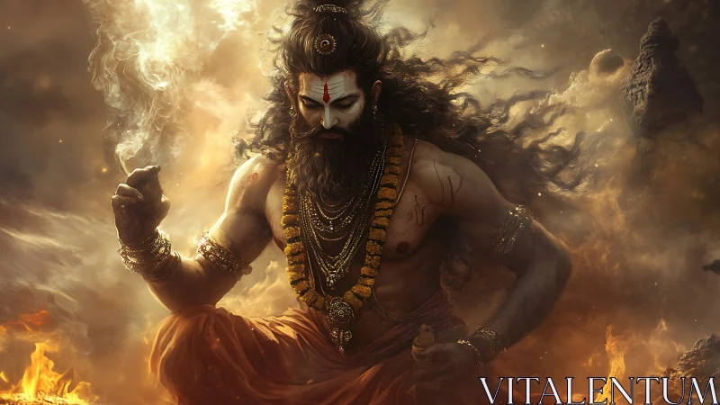 Mystical fire sage in deep meditation amid swirling smoke.