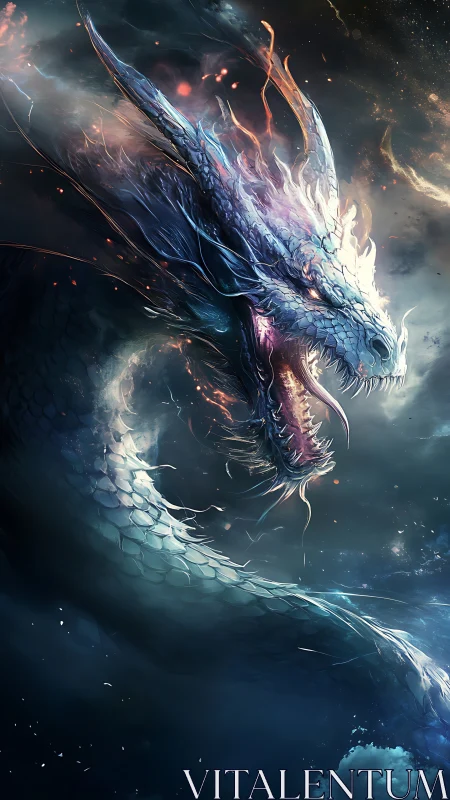 Stormlit ice dragon rearing above dark swirling clouds.