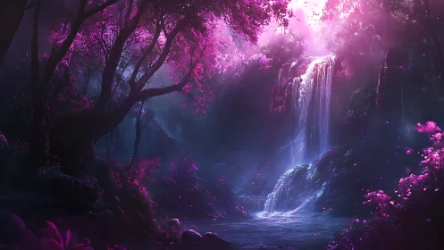 Moonlit waterfall glows in a secret violet forest dream.