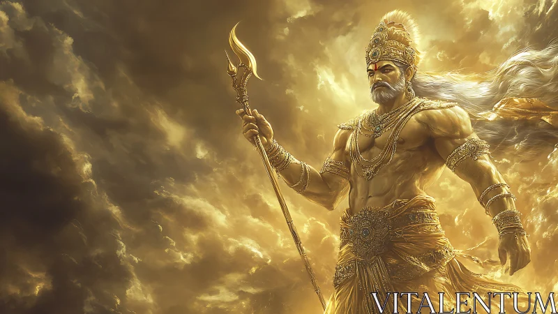 Mythic warrior deity in luminous golden digital painting.