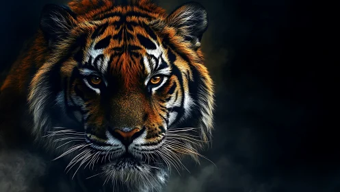 Tiger eyes burn through shadow in dramatic digital portrait.