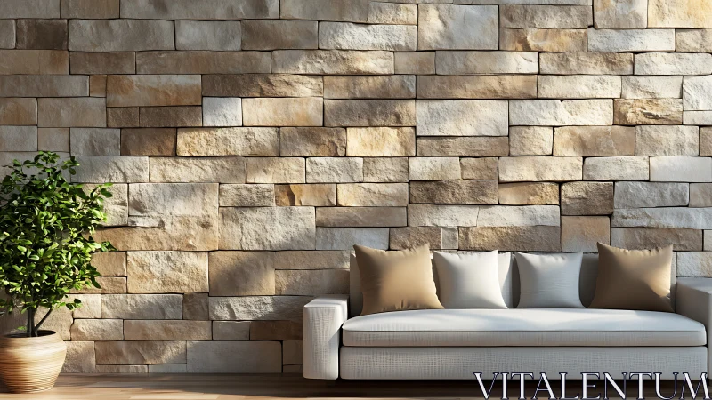 Sunlit stone wall cradles a calm sofa in modern minimal ease