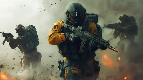 Storm-charged squad advances through smoke and flying sparks