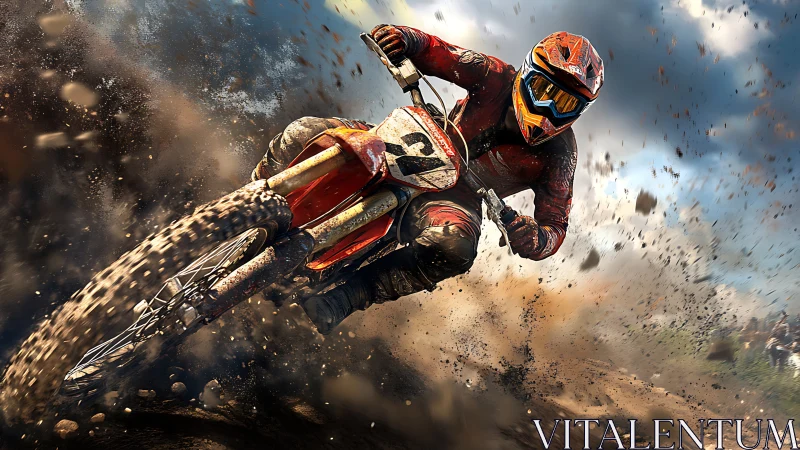 High-speed motocross cornering with dynamic roost spray detail