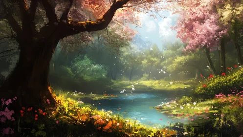 Blooming forest pond sits under dense spring foliage