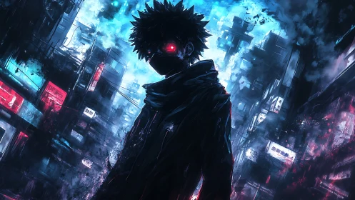 Neon-eyed vigilante stalking through rain-soaked cyber city.