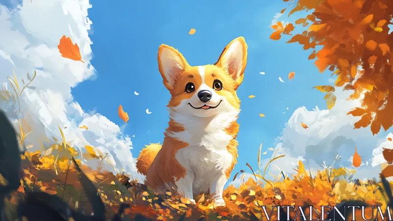 Stylized corgi portrait in sunny autumn meadow landscape