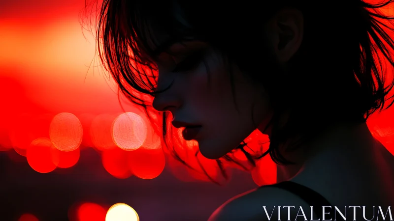 Silhouetted woman in neon red bokeh dusk portrait study.