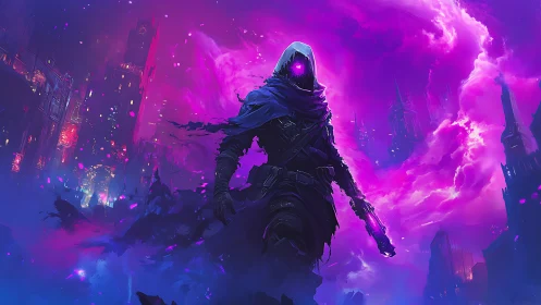 Hooded voidwalker strides through neon-magenta stormscape.