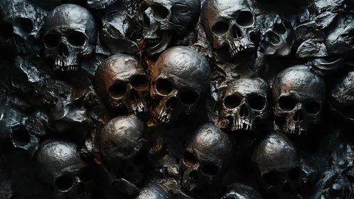 Metallic skull wall in dense layered sculptural relief.