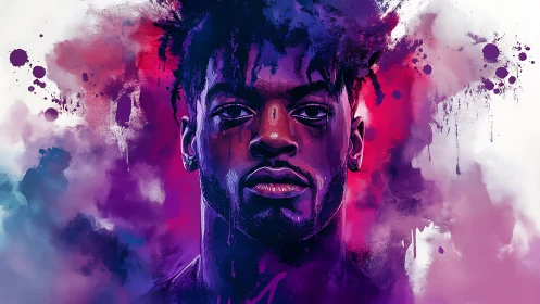 Digital painting portrait with neon splatter gradients and contrast.