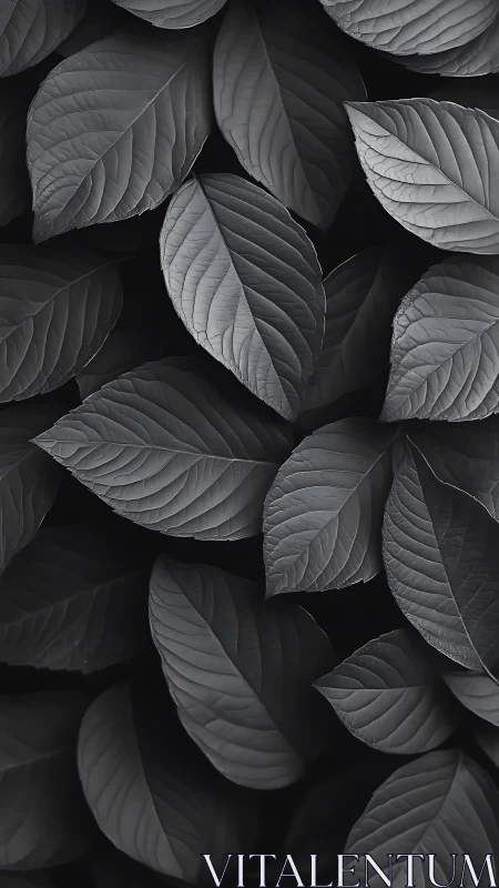 Monochrome close-up of overlapping textured leaves.