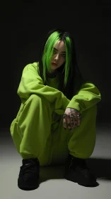 Neon green streetwear portrait uses dramatic low-key lighting