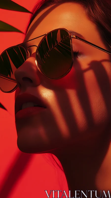 High-contrast profile portrait with palm shadows and reflective lenses
