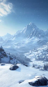 Winter mountain valley under clear starry blue sky.