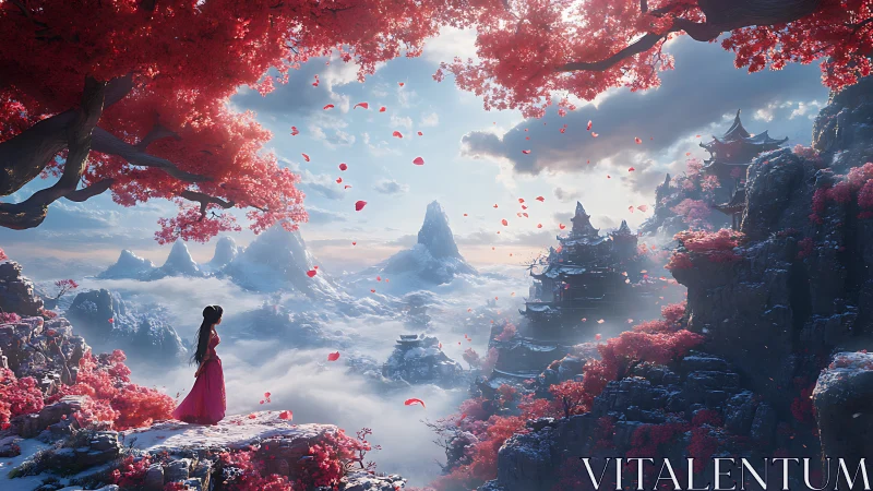 Crimson sakura peaks surround a lone figure above clouds.