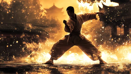 Martial artist strikes dynamic pose in fiery courtyard scene.