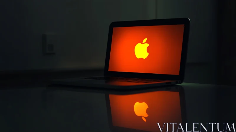 Backlit laptop with glowing apple logo on red screen.