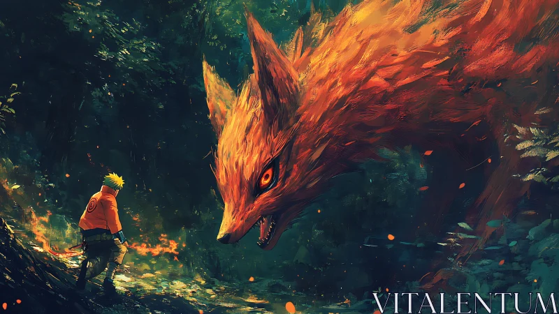 Fiery fox spirit confronts lone figure in dark forest.