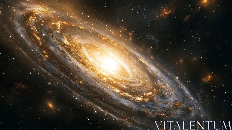 Spiral galaxy with bright golden core and star field background.