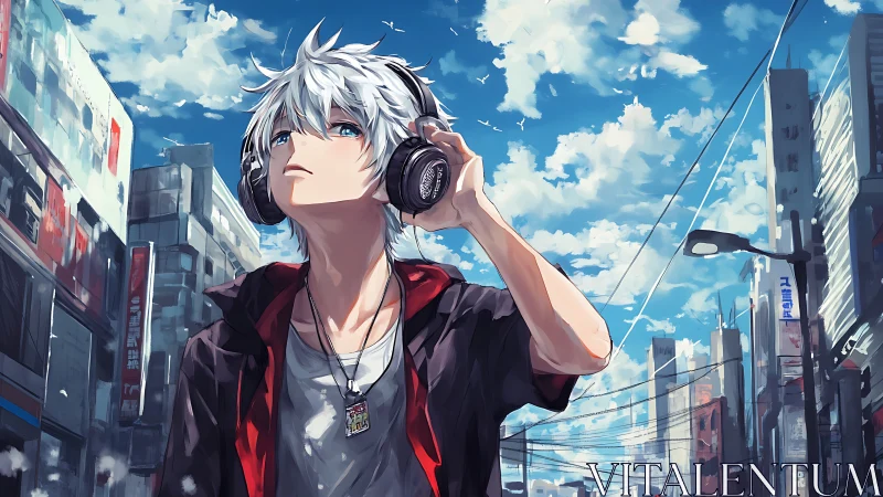 Urban sky listener with headphones under vivid clouds.