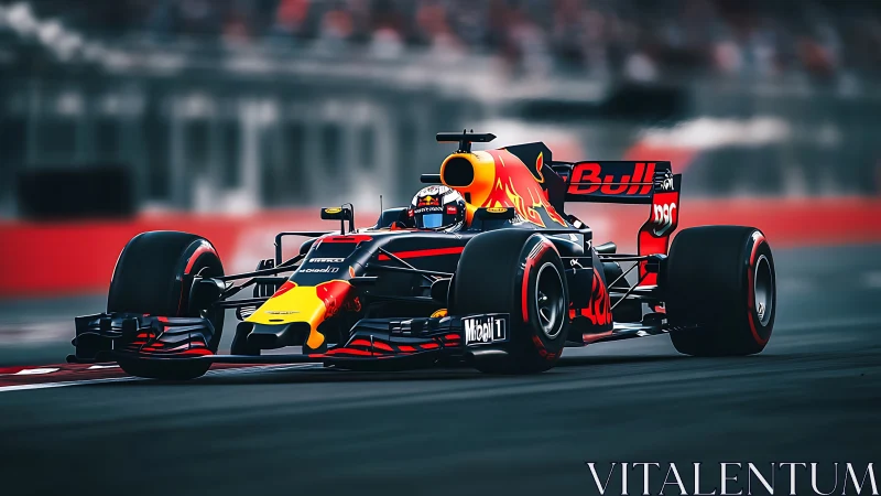 Thunderous red and yellow race car slicing through the track.