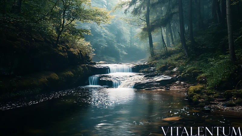 Forest stream with cascading waterfall and dappled sunlight.