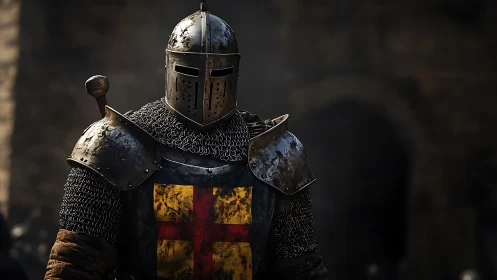 Crusader-era knight in mail and plate armor outdoors.