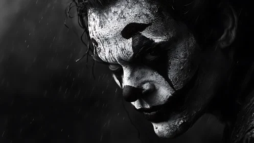 Brooding monochrome clown portrait under streaming rain.