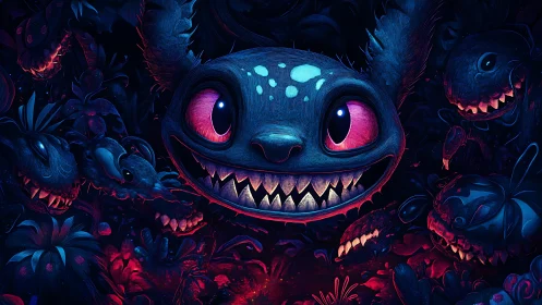 Bioluminescent monster portrait with exaggerated teeth and chromatic rim light