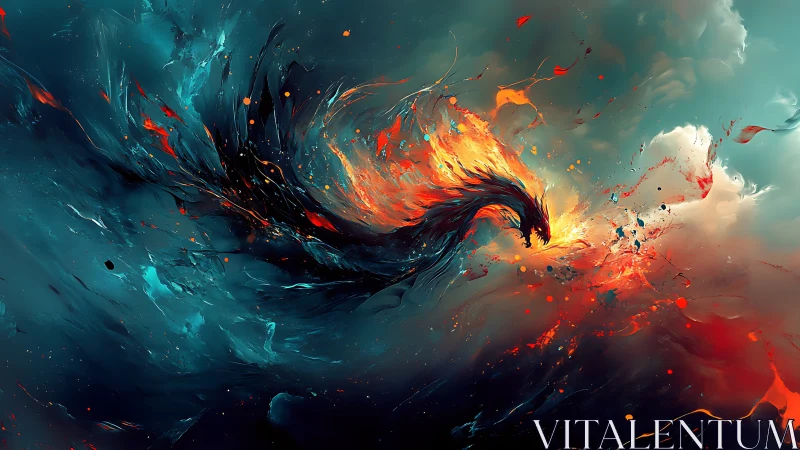 Fiery abstract dragon swirling through teal cosmic storm.