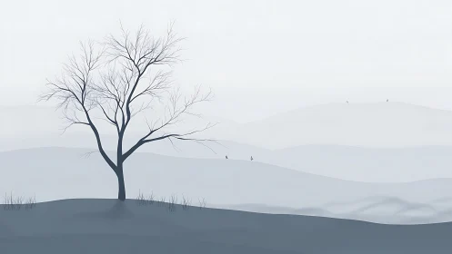 Bare deciduous tree on layered misty hills in grayscale.