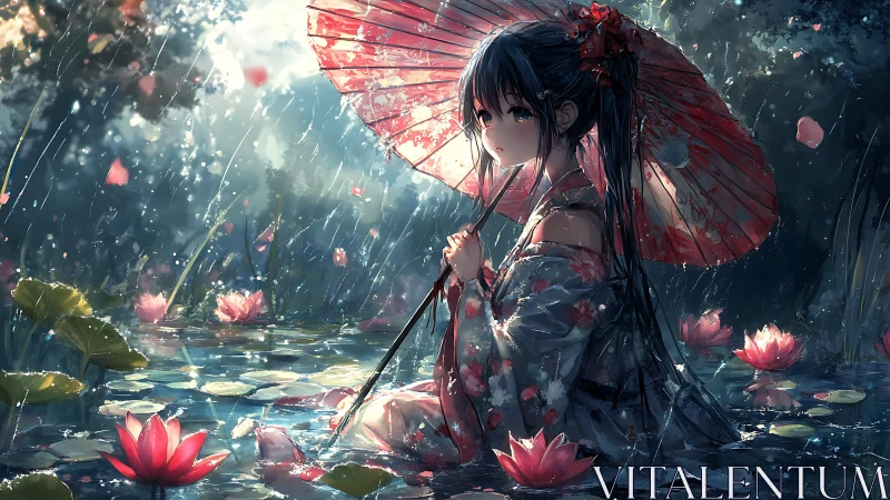 Kimono girl holds red umbrella in luminous rain pond