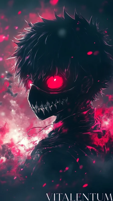 Masked figure with glowing red eyes in smoky red haze.