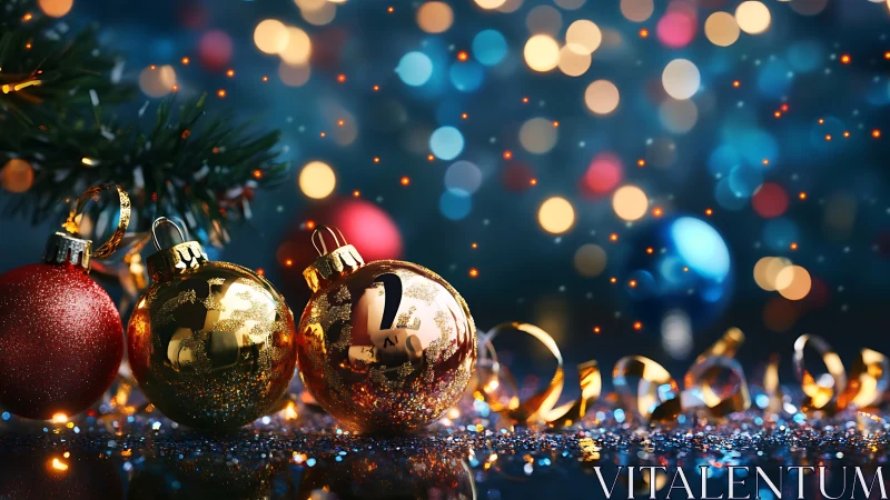 Specular holiday baubles under shallow-depth bokeh field.