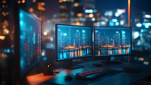 Dual-monitor skyline workspace glows in neon city night.