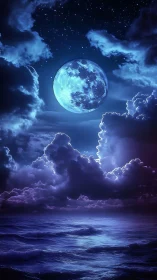 Blue moonlit ocean under dramatic night storm clouds.