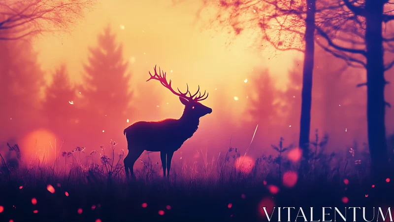 Digital painting of stag silhouette in ethereal sunset forest.